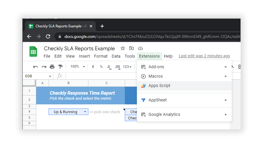 google sheets apps script menu